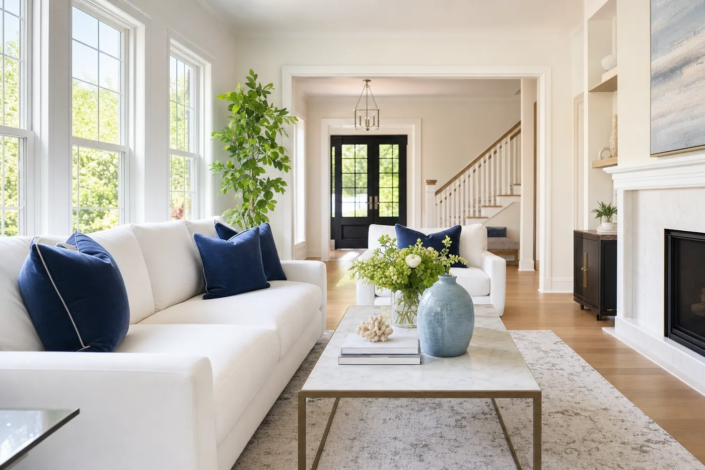 A bright, spotless Northern Virginia living room after a professional cleaning by M&C Sparkle Cleaning