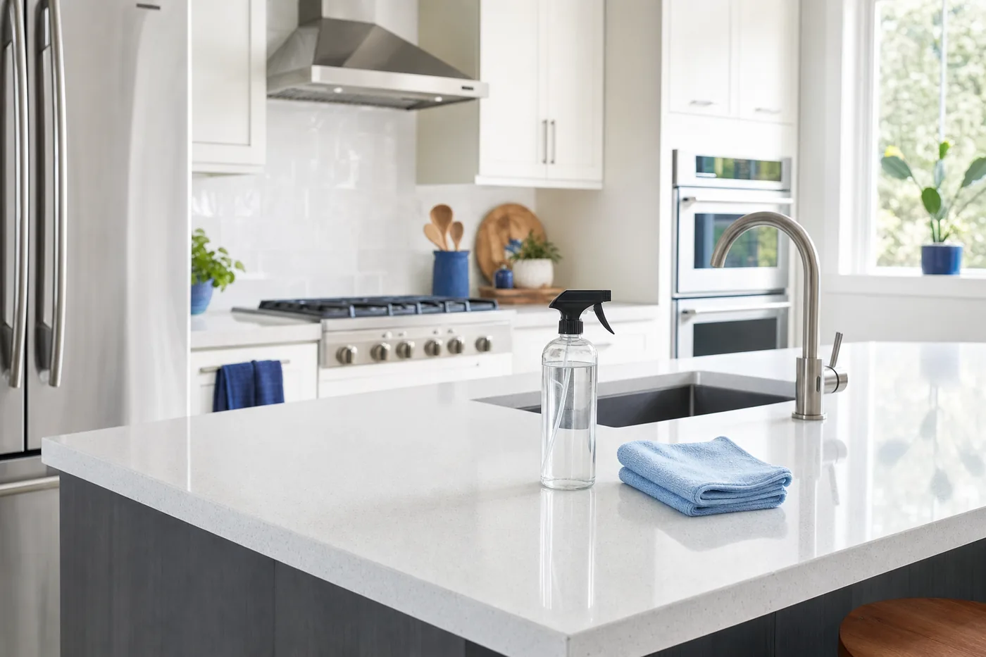 A gleaming kitchen with white quartz countertops after residential house cleaning