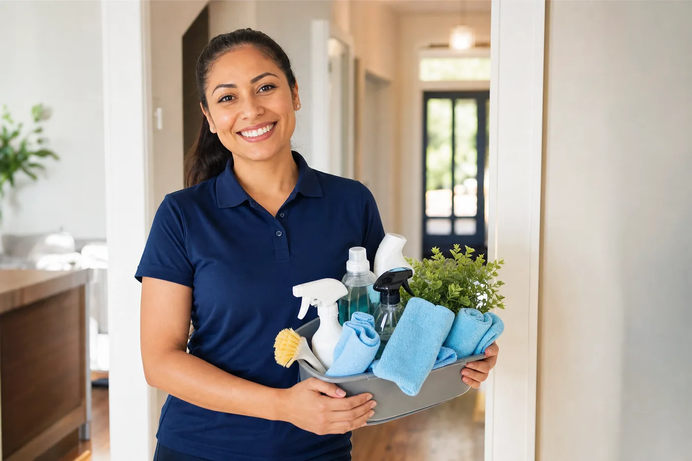 A background-checked M&C Sparkle Cleaning professional in a navy uniform holding eco-friendly cleaning supplies